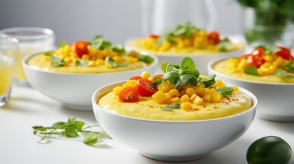 Sticker -  a close up of a bowl of food on a table with a glass of orange juice and another bowl of food in the background.