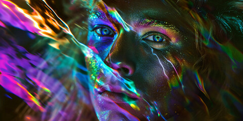 Wall Mural - psychedelic self-portrait, multiple iridescent layers superimposed, face partially morphing into a l