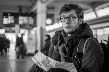 Wall Mural - Solo traveler's candid portrait at a train station, contemplative gaze, backpack and map in hand