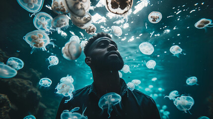 Wall Mural - underwater surreal portrait, subject surrounded by floating jellyfish, dreamy bioluminescence