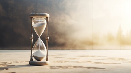 Wall Mural -  an hourglass sitting in the middle of a sandy area with footprints on the ground and trees in the background.