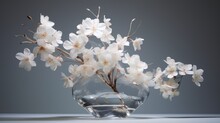  A Glass Vase Filled With White Flowers Sitting On Top Of A Table Next To A Glass Vase Filled With Water.