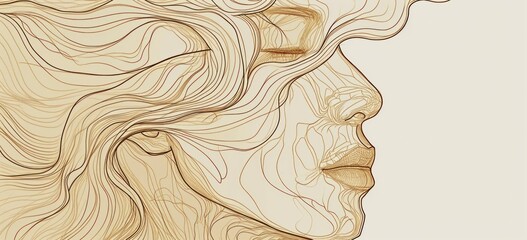 Wall Mural - Abstract golden lines creating woman's profile on neutral background. Art and creativity.