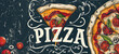 Dark backdrop, a banner featuring Pizza text accompanies a pizza slice with free copy space