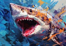 A Painting Depicting A Shark Swimming In The Water Column. A Large Predatory Fish Swimming In The Ocean. Underwater Scene. Illustration For Cover, Card, Postcard, Interior Design Or Print.