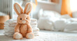 © Алекс Ренко - A toy bunny, a stack of diapers and baby supplies on the background of a light children's room. Side view, space for text.