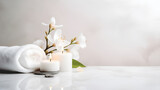 Luxurious spa composition with white flower, flickering candles, soft towels, and a clean space for copy on a marble texture.