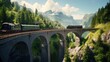  a painting of a train going over a bridge in the middle of a valley with a mountain range in the background.