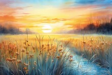 Digital Painting Of A Field At Sunrise With Reeds In The Foreground