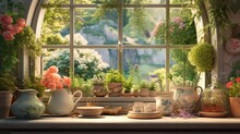  A Window Sill Filled With Potted Plants Next To A Window Sill Filled With Pots And Panes Of Flowers.