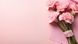 Mother's Day holiday greeting with a carnation bouquet on a pastel pink table background, a composition in a minimalist modern style, creating an aesthetically pleasing image.