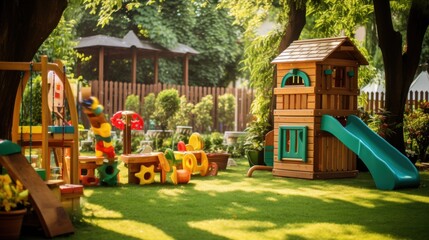 Wall Mural -  a child's play area in a backyard with a slide and a play set in the grass and a wooden fence in the background.