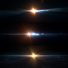 Wall Mural - yellow and blue golden optical solar light lens flare effect isolated on black background. lens flar
