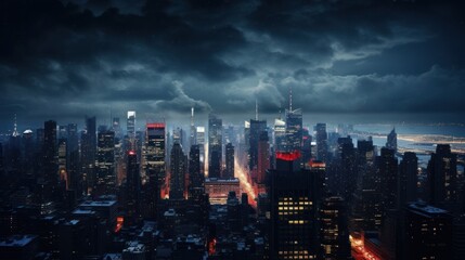 Wall Mural -  a view of a city at night from the top of a tall building with a red light in the middle of the city.