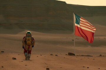 Wall Mural - courageous astronaut in the space suit explores red planet mars covered in mist. adventure. space tr