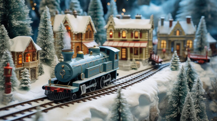 Wall Mural -  a train traveling through a snow covered forest next to a forest filled with trees and a lit up christmas village.