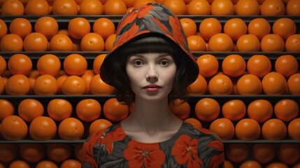 Poster -  a woman standing in front of a wall of oranges with a hat on her head and a red flower on her dress.