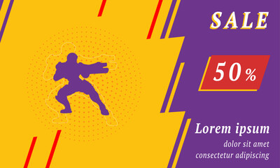 Poster - Sale promotion banner with place for your text. On the left is the combat robot. Promotional text with discount percentage on the right side. Vector illustration on yellow background