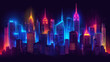Background,  neon buildings skyscrapers on black background , night city