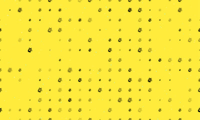 Poster - Seamless background pattern of evenly spaced black raccoon head symbols of different sizes and opacity. Vector illustration on yellow background with stars