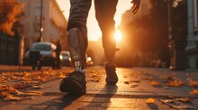 Athlete Man With Prosthetic Leg Walking Outdoor, Close Up At Disabled Young Man With Prosthetic Leg Walking Along The Street, Prostheses Standing, One Way To Win Is To Be Yourself, Generate By AI.