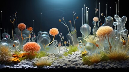 Wall Mural -  an underwater scene of corals and sea urchins in an aquarium with water bubbles and corals on the bottom of the water.