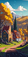 Wall Mural - Quiet town with colorful trees. Cartoon style. AI generated illustration