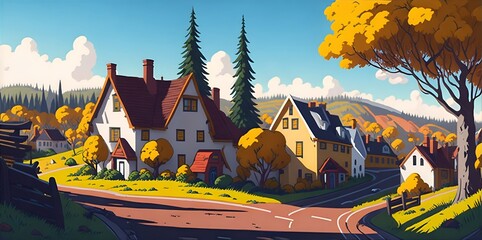 Wall Mural - Quiet town with colorful trees. Cartoon style. AI generated illustration