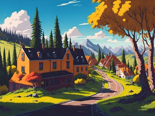 Wall Mural - Quiet town with colorful trees. Cartoon style. AI generated illustration