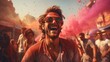 Joyful Man With Sunglasses and Beard Laughing in Delightful Amusement and Happiness, Holi