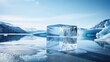  a large ice block sitting on top of a frozen lake next to a mountain covered in snow and ice floes.