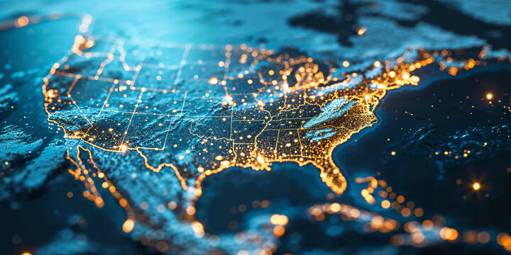 Digital map of USA, concept of North America global network and connectivity, data transfer and cyber technology, information exchange and telecommunication