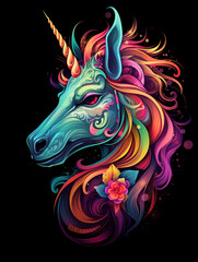 Naklejka na meble t-shirt design, the colorful unicorn head is on a black background created with Generative Ai
