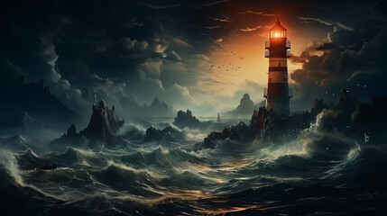 Wall Mural - Lighthouse In Stormy Landscape - Leader And Vision Concept