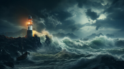 Poster - Lighthouse In Stormy Landscape - Leader And Vision Concept