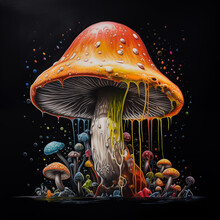 3D Large Mushrooms With Paint Dripping, Black Background
