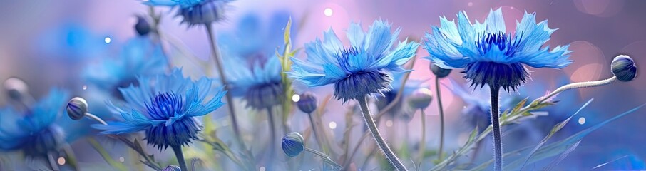 Banner with wildflowers. Blue cornflowers on a blue background