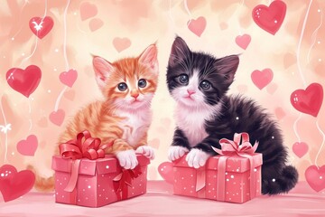 Wall Mural - Valentines day two cute kitten and gift boxes