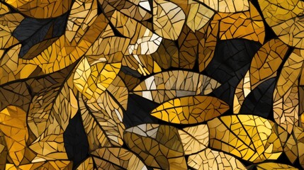  a painting of a bunch of leaves with yellow and brown leaves in the middle of the image, with a black background.