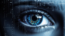 Close Up Of Woman Face With Eye And Digital Technology Concept