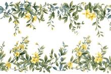Watercolor Seamless Pattern With Yellow Flowers And Leaves On White Background