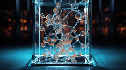 Wall Mural - a glass box with a bunch of bubbles inside of it on a blue and black surface with lights in the back