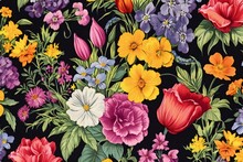Seamless Floral Pattern With Tulips And Pansies On Black Background