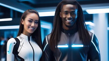 A Robot Girl In A White Carbon Suit Smiles Next To A Dark-skinned Student In A Dark Neon Sweater