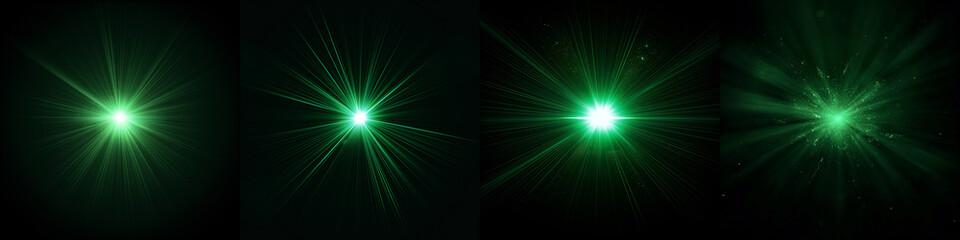 Wall Mural - dynamic green celestial explosion set. black background with glowing greenish sunburst, digital lens