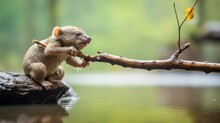  A Small Animal Sitting On Top Of A Tree Branch Next To A Body Of Water With A Stick In It's Mouth.
