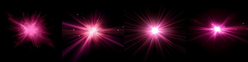 Wall Mural - dynamic pink celestial explosion set. black background with glowing pink sunburst, digital lens flar