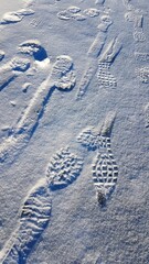 Wall Mural - Footprints on a frozen lake in the mountains during a January hike.