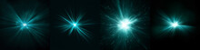 Dynamic Teal Colored Celestial Explosion Set. Black Background With Glowing Greenish Teal Sunburst, Digital Lens Flare, And Color-Adjusted Light Rays
