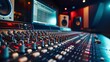 Imagine a visually captivating scene in a modern music record studio: the control desk is adorned with a sleek laptop screen, interface of a Digital Audio Workstation, 